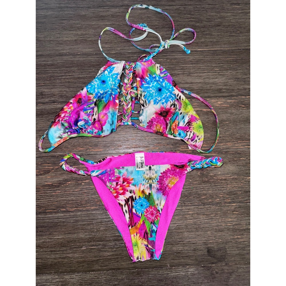 Luli Fama Floral Animal Print Braided High Neck Bikini Set XS Bottom Medium Top